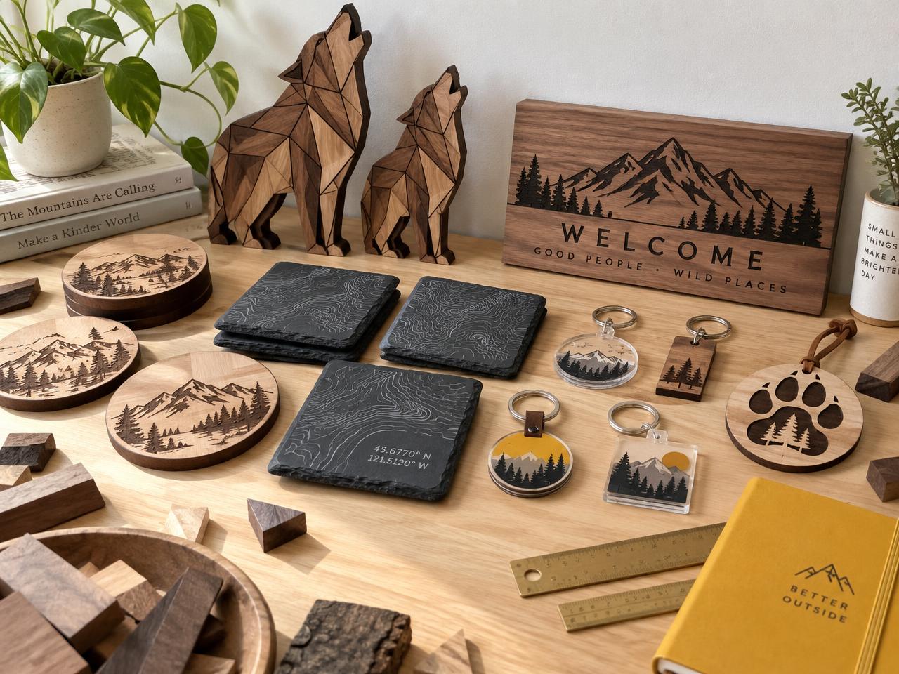 BluRiot laser-cutting workshop in San Antonio — laser cutter engraving a wooden keychain beside finished coasters and signs